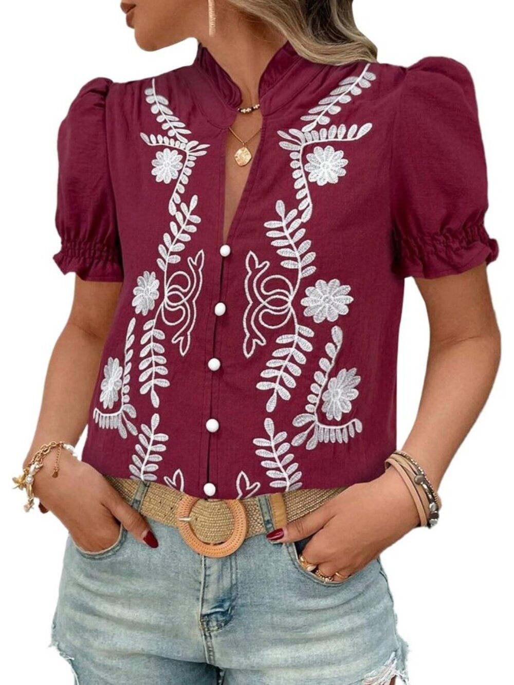 Women's Summer Top Ruffle V Neck Wine Red Puff Short Sleeve Button Down Blouse